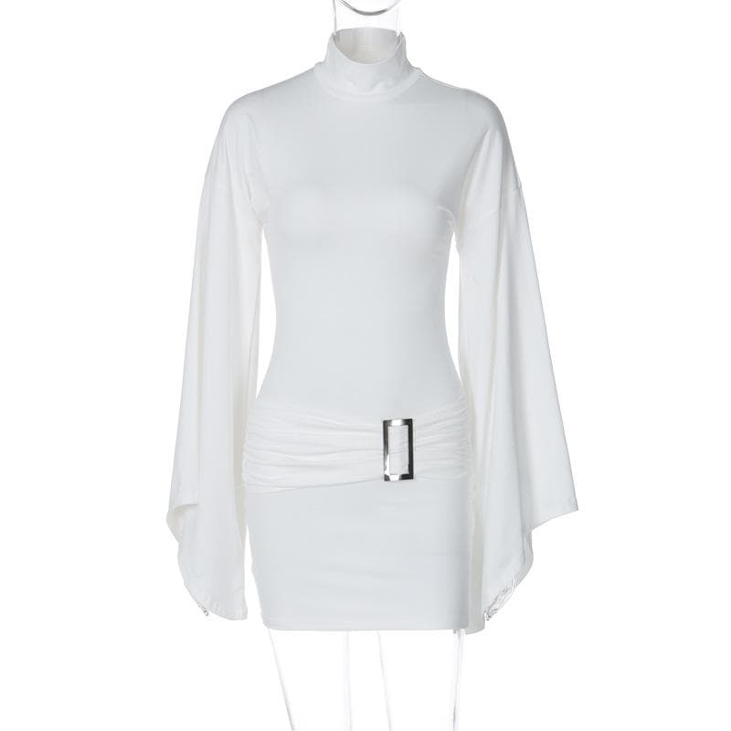 Long flared sleeve high neck ruched buckle solid mini dress  | Festival Outfits Women