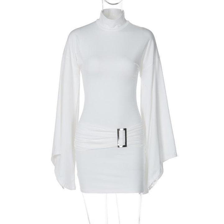 Long flared sleeve high neck ruched buckle solid mini dress  | Festival Outfits Women