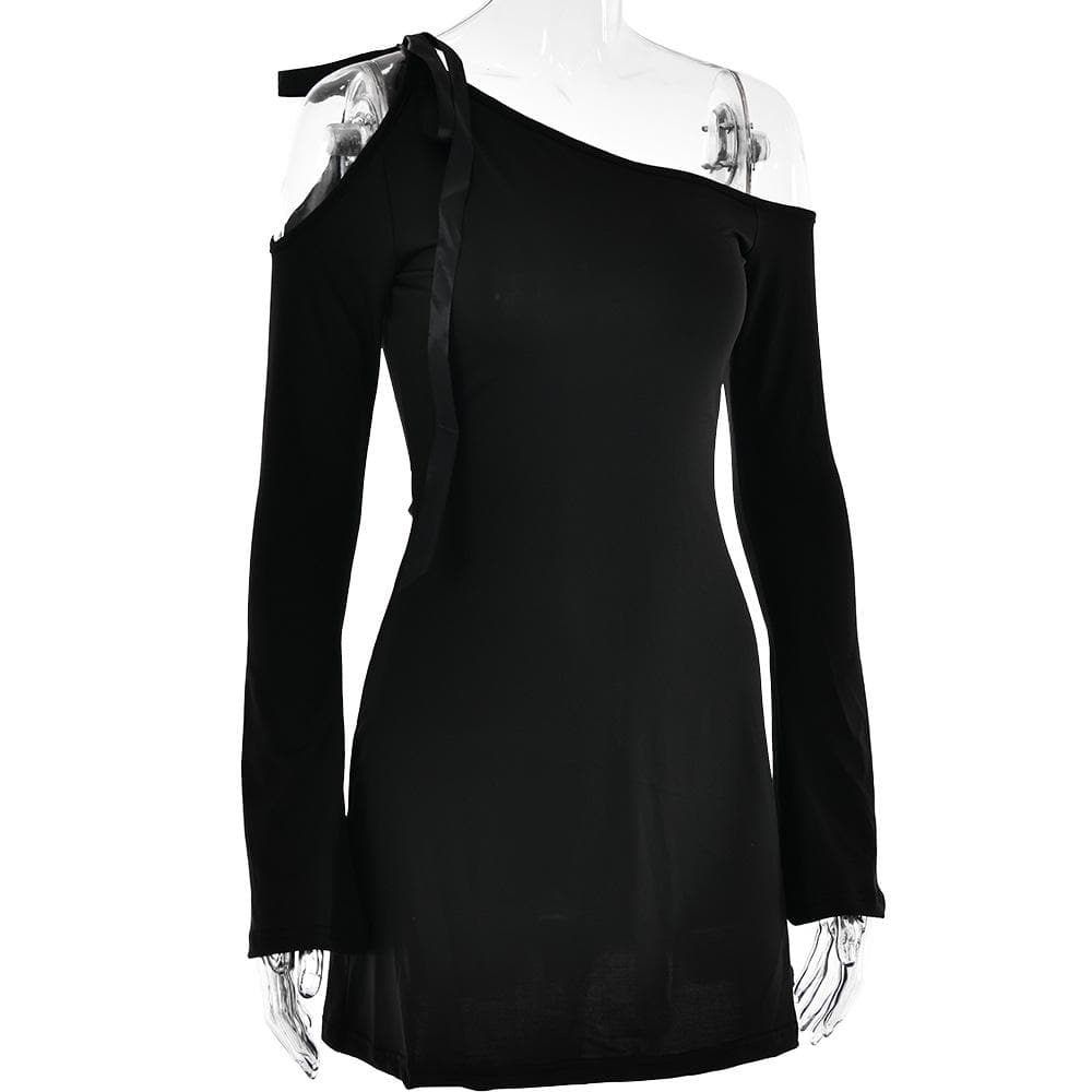 Self tie irregular one shoulder long sleeve solid mini dress
