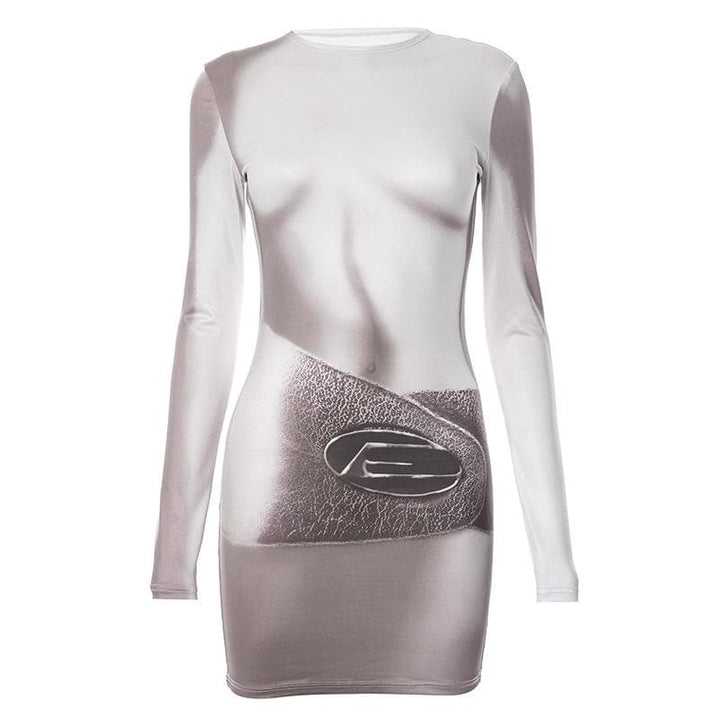 Long sleeve body print crewneck contrast mini dress