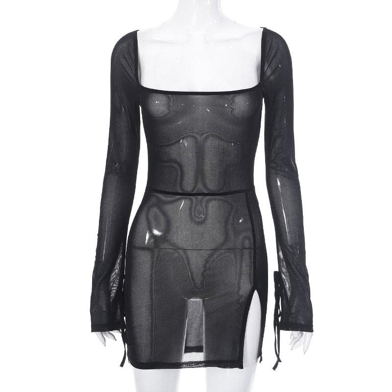 Sheer mesh see through square neck slit long sleeve mini dress-final-sale