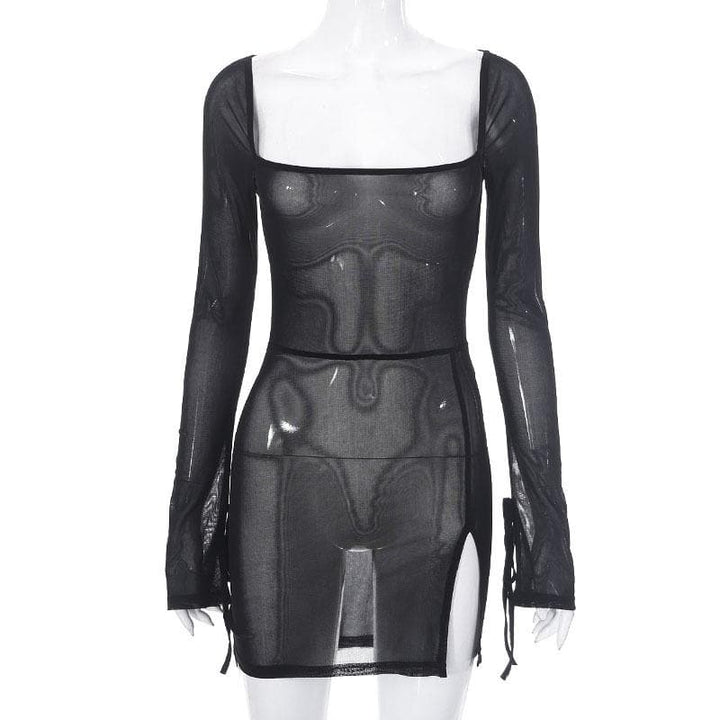 Sheer mesh see through square neck slit long sleeve mini dress-final-sale