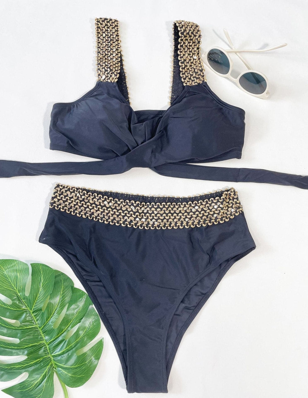 Kayan ninkaya na bikini masu ban sha'awa da aka yi da contrast cross front self tie