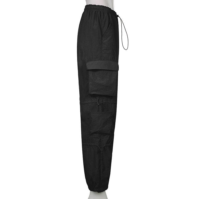 Drawstring solid cargo pocket low rise baggy pant Parachute pants