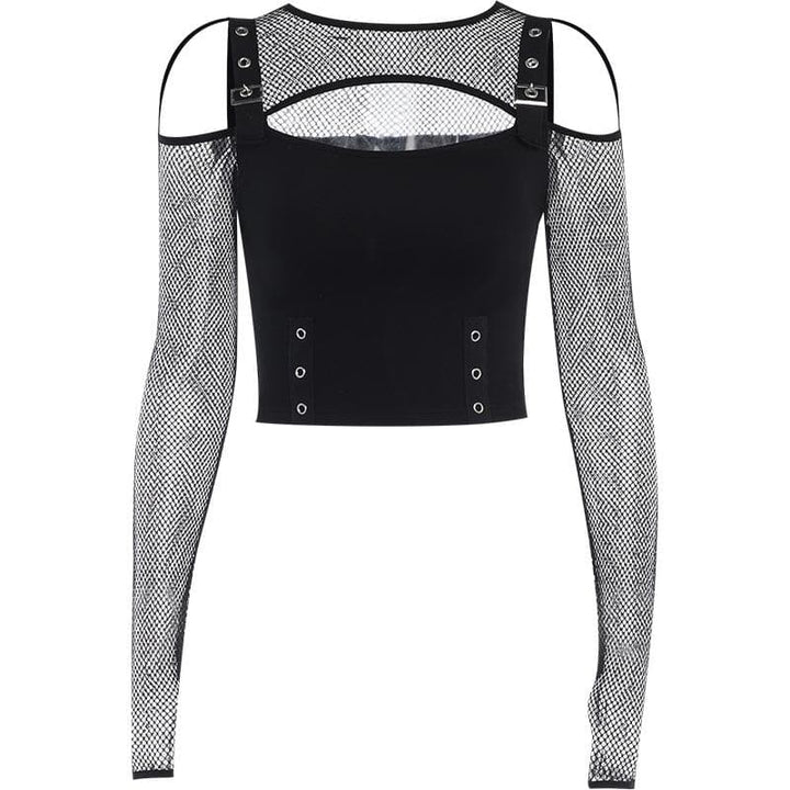 Fishnet patchwork off shoulder buckle long sleeve crop top