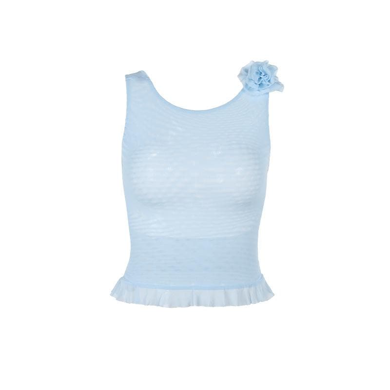 Sheer mesh flower applique see through sleeveless ruffle backless top  | Festival Outfits Women