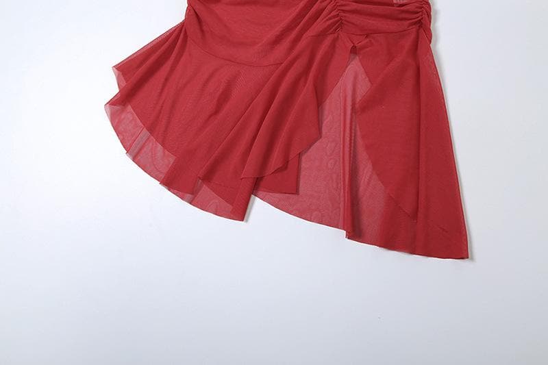 Ruched ruffle slit sheer mesh hollow out cami cut out mini dress-final-sale