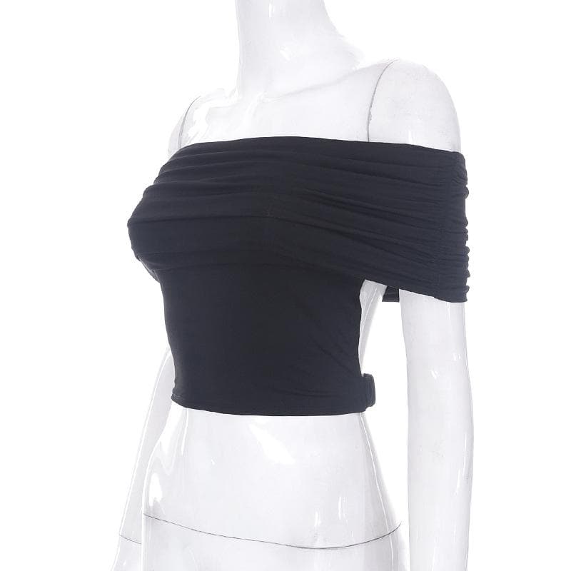 Ruched solid off shoulder hollow out backless crop cut out top