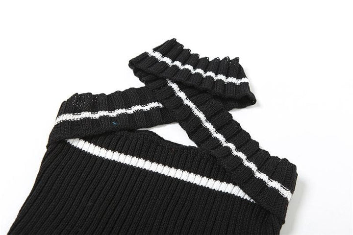 Knitted cross front halter contrast backless hollow out crop cut out top