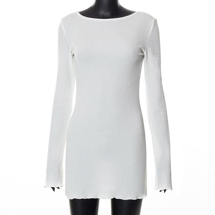 Textured solid self tie backless long sleeve ruffle mini dress