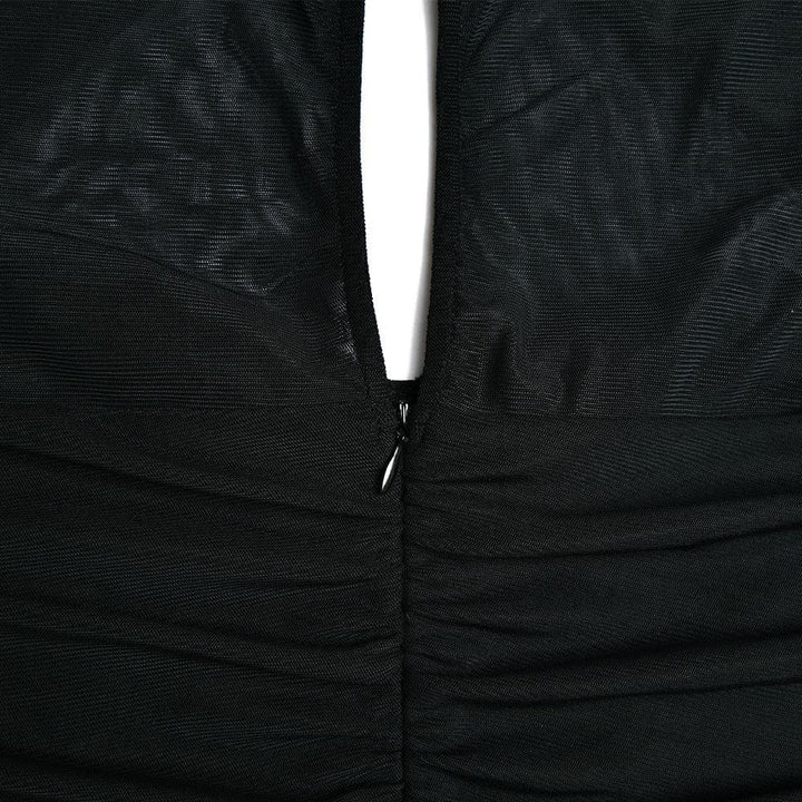 Hollow out ruched mesh long sleeve zip-up button cut out mini dress