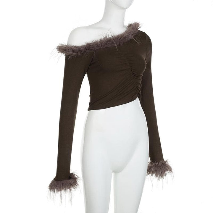 Feather irregular long sleeve ruched off shoulder crop top  | Festival Outfits Women