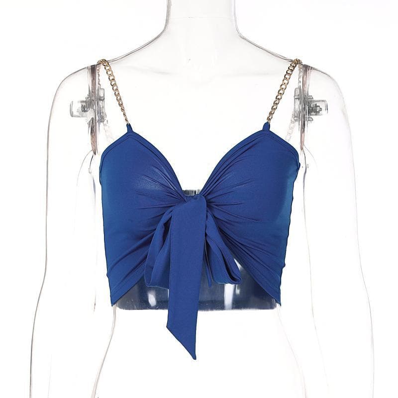 Metal chain knotted ruched solid crop top - Halibuy