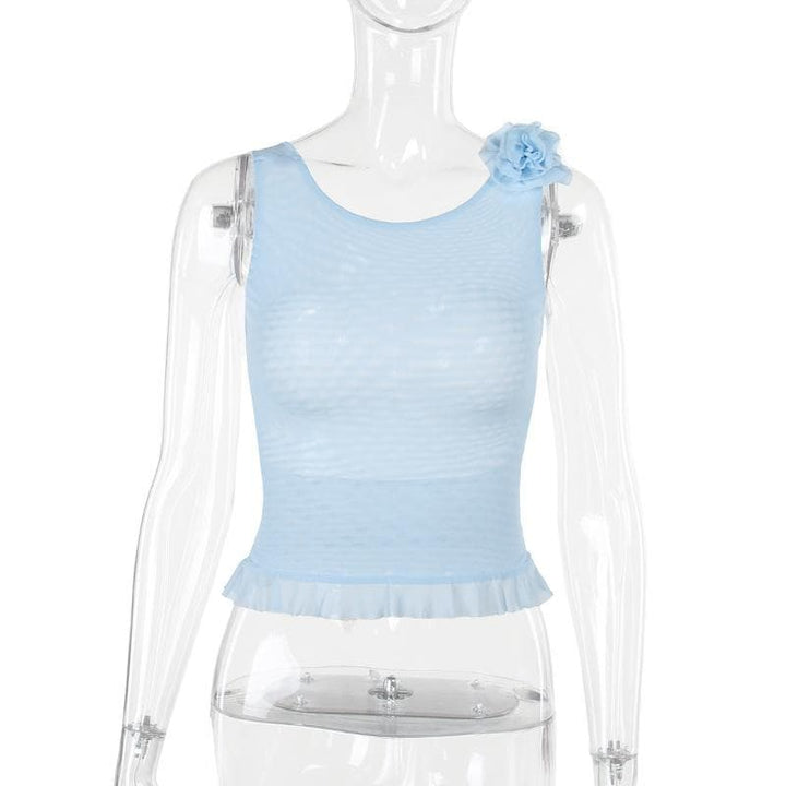 Sheer mesh flower applique see through sleeveless ruffle backless top  | Festival Outfits Women