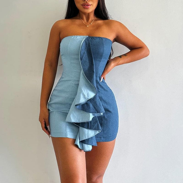 Ruffle contrast patchwork denim backless tube mini dress  | Festival Outfits Women