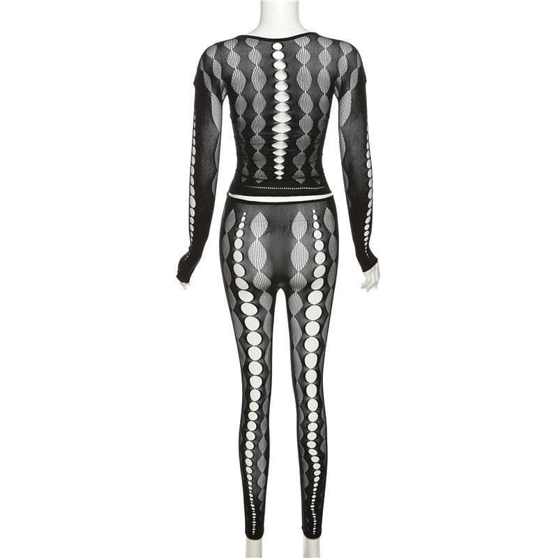 Fishnet long sleeve hollow out see through gloves solid pant set-final-sale