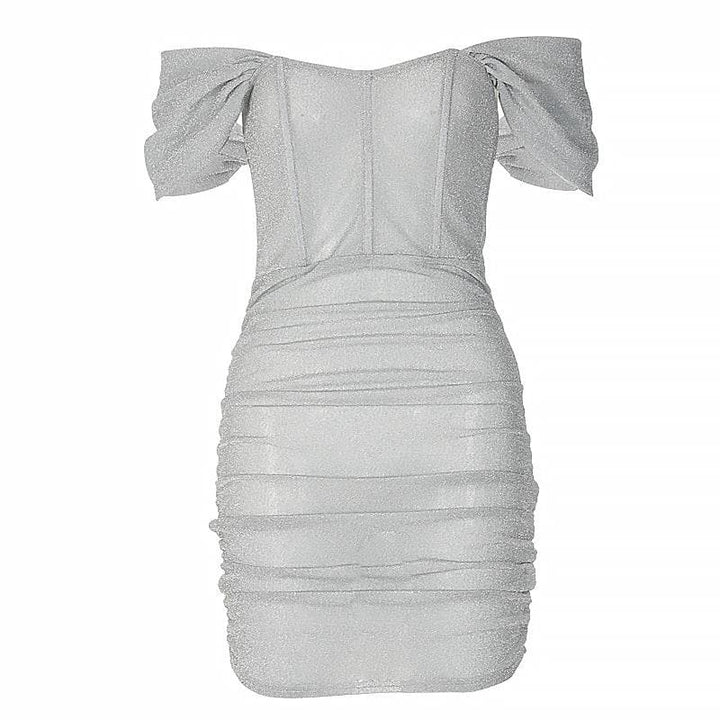 Corset off shoulder textured ruched see through mini dress  | Festival Outfits Women