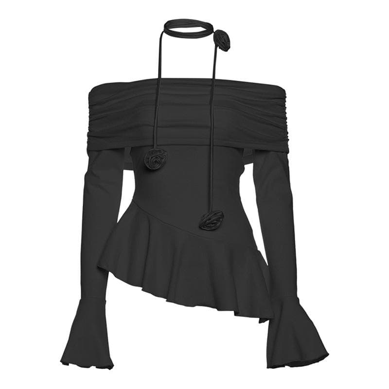 Off shoulder ruffle flower applique long flared sleeve ruched top  | Festival Outfits Women