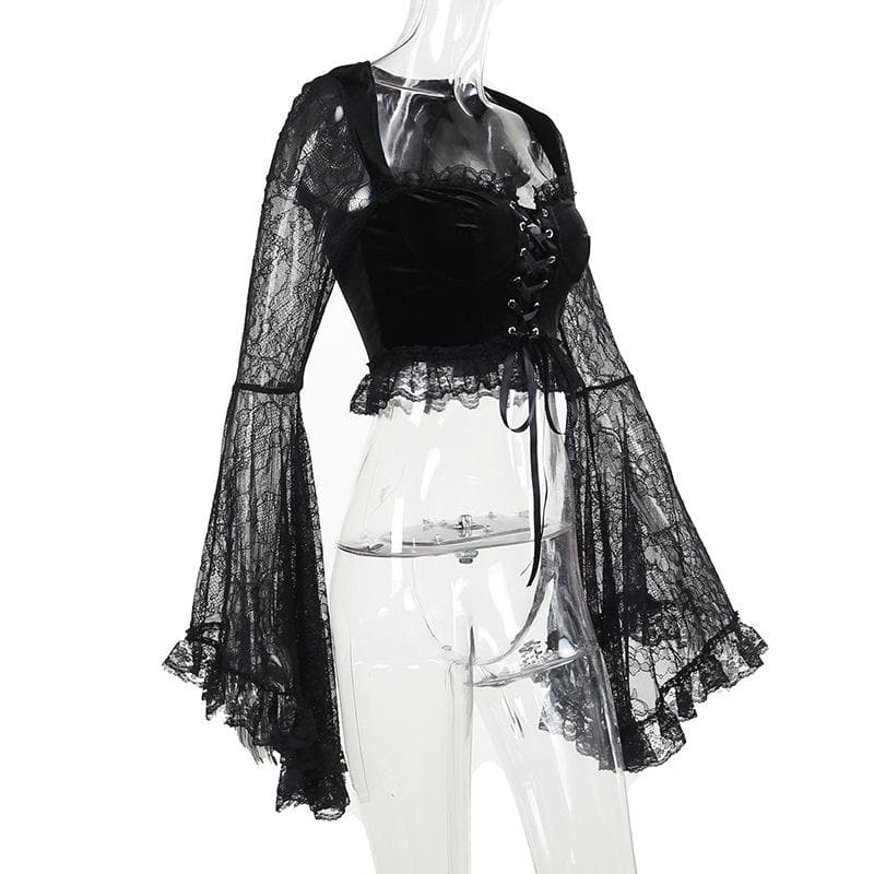 Long flared sleeve velvet lace patchwork ruffle lace up crop top  | Festival Outfits Women