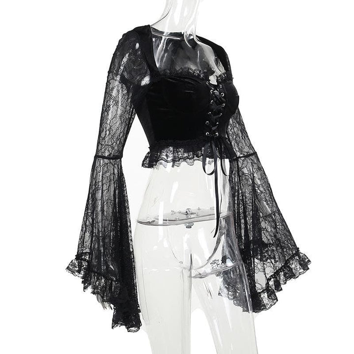 Long flared sleeve velvet lace patchwork ruffle lace up crop top  | Festival Outfits Women