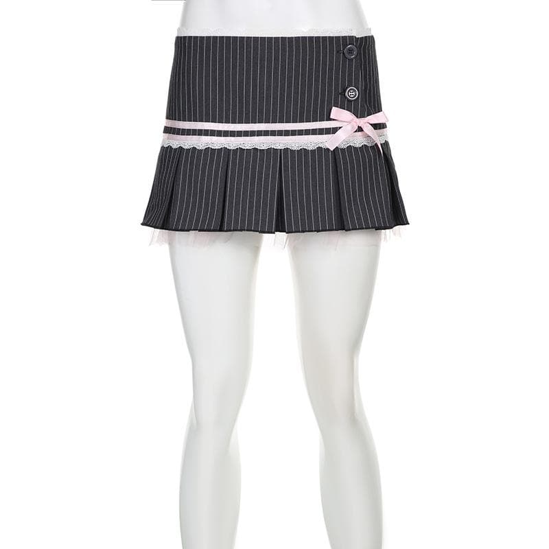 Bowknot lace hem pleated button striped print mini skirt  | Festival Outfits Women