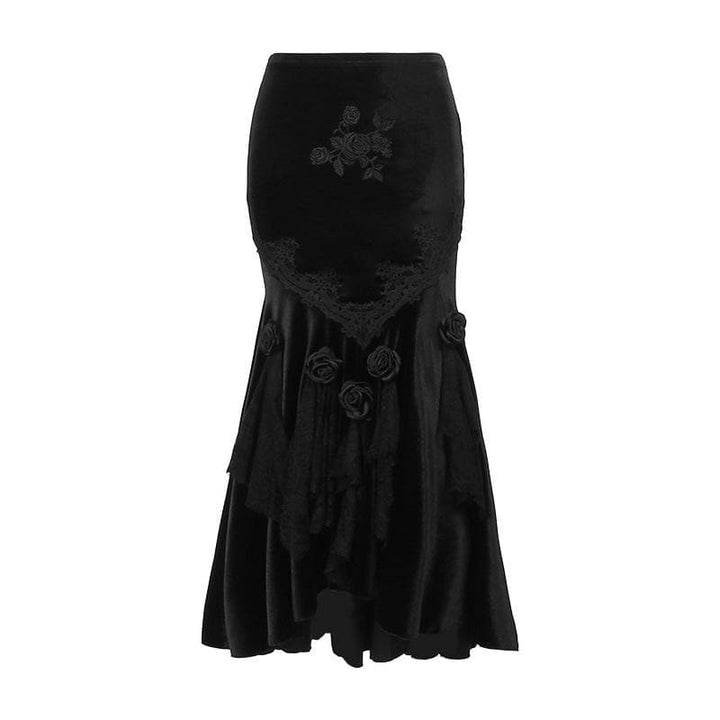 Velvet embroidery flower applique lace hem ruched maxi skirt | victorian gothic dresses  | Festival Outfits Women