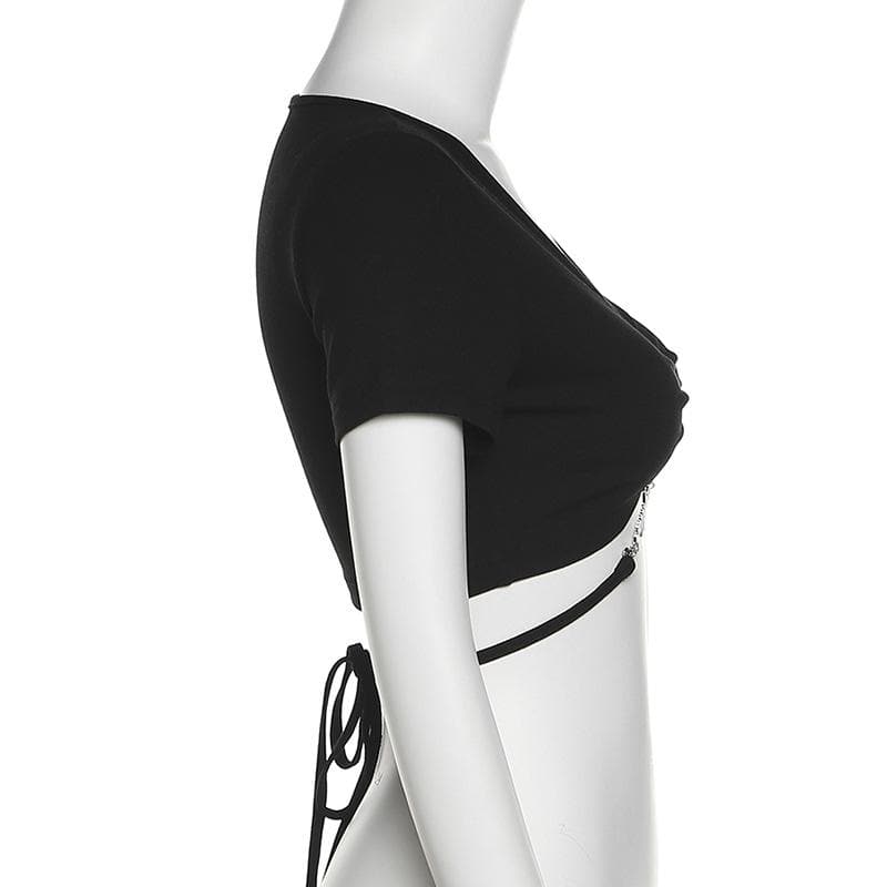 Short sleeve v neck metal letter self tie back crop top