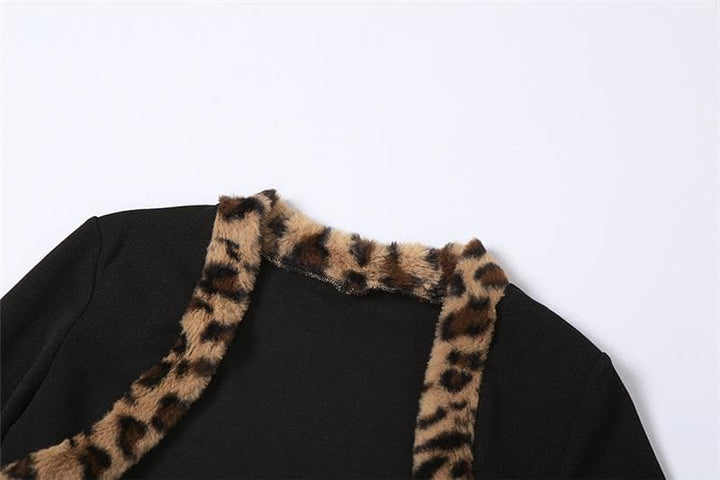 Long sleeve leopard print fluffy shrug sweetheart neck 2 piece mini skirt set  | Leopard Print Mini Dress