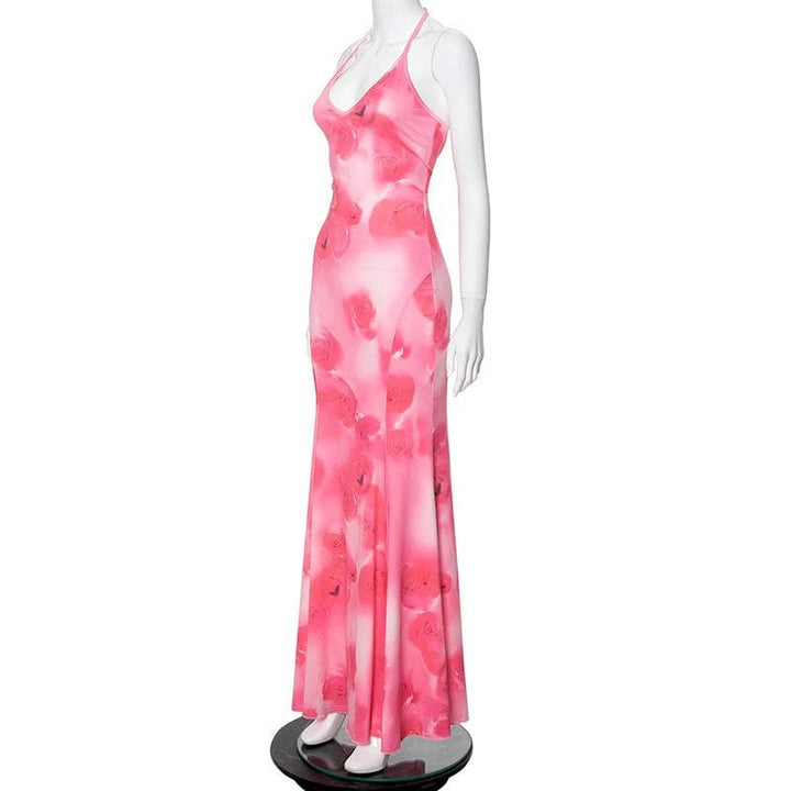 Halter rose print u neck backless self tie maxi dress  | Festival Outfits Women