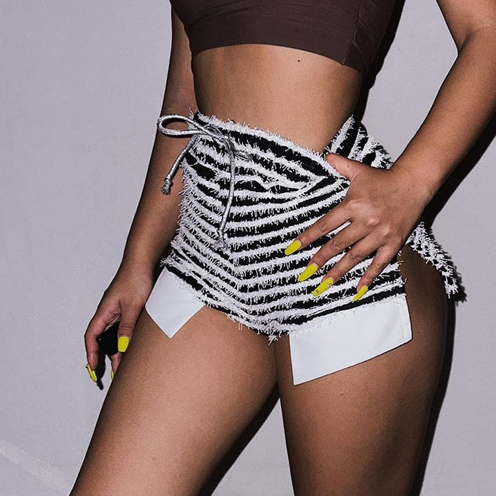 Textured self tie contrast patchwork slit pant