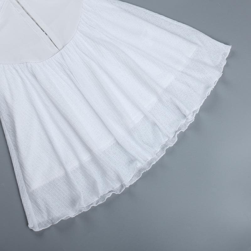 Button patchwork chiffon ruffle low cut mini dress - Final Sale