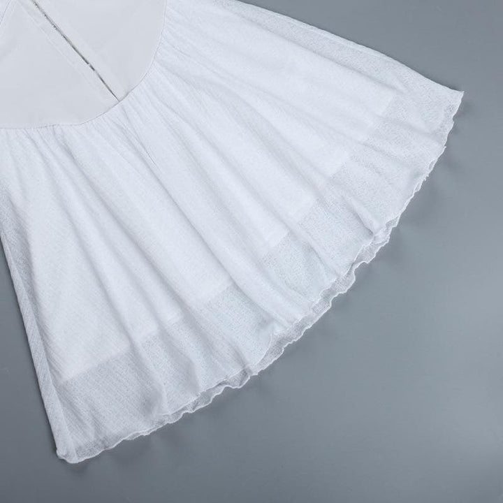 Button patchwork chiffon ruffle low cut mini dress - Final Sale