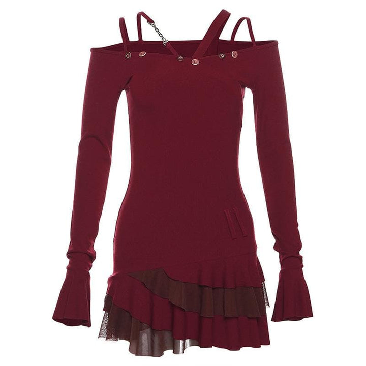 Metal chain button ruffle contrast off shoulder long sleeve mini dress  | Festival Outfits Women