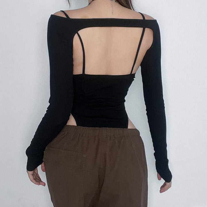 Buckle mesh off shoulder long sleeve solid shrug 2 piece bodysuit  | Festival Outfits Women