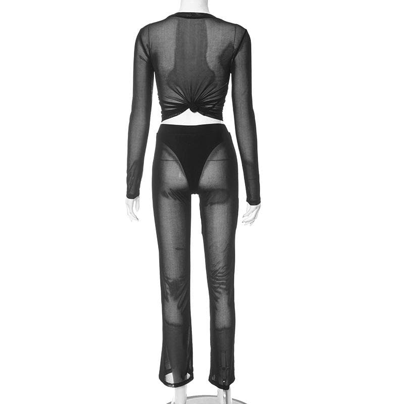 Mesh see through hollow out long sleeve solid pant set-final-sale