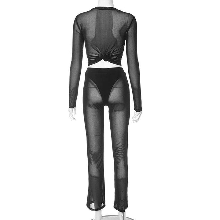 Mesh see through hollow out long sleeve solid pant set-final-sale