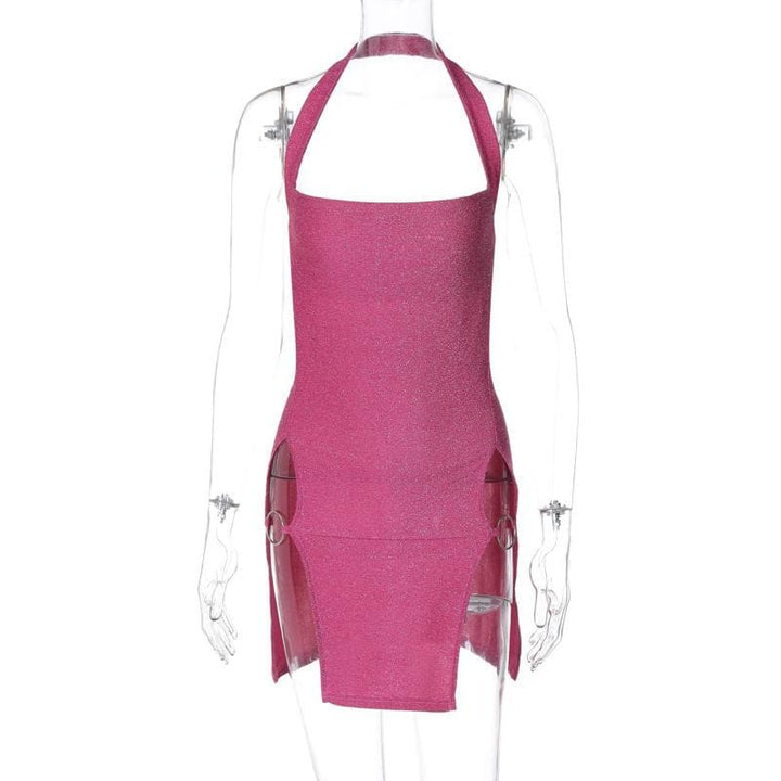 Halter o ring high slit glitter backless solid mini dress  | Festival Outfits Women