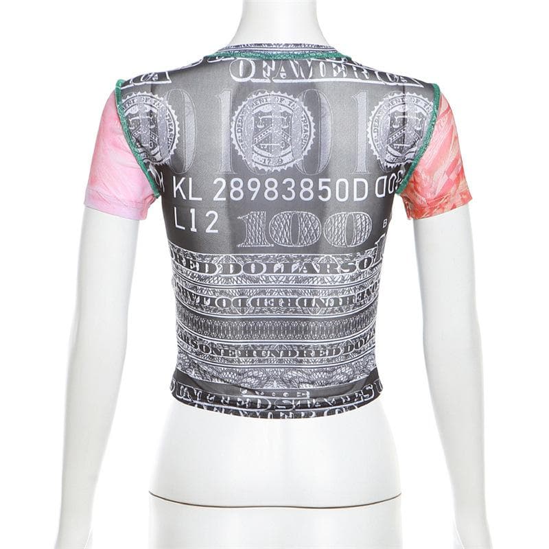 Short sleeve crewneck sheer mesh print top  | Festival Outfits Women