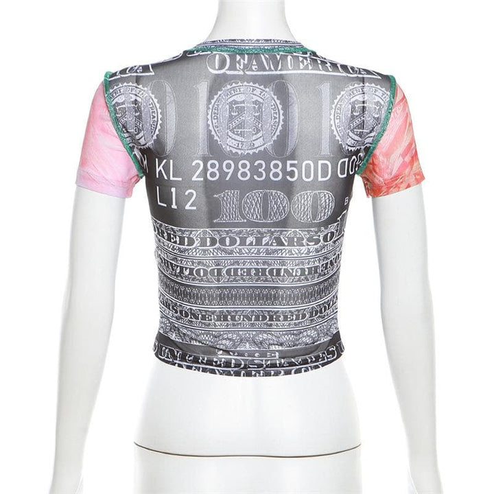 Short sleeve crewneck sheer mesh print top  | Festival Outfits Women
