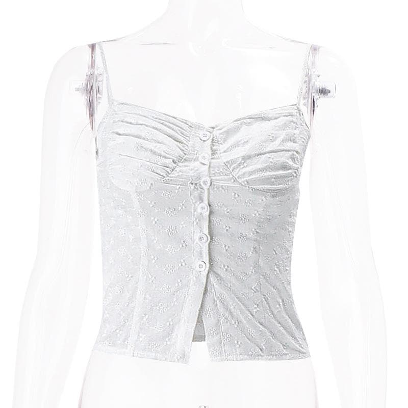 Textured pleated button slit solid backless cami top