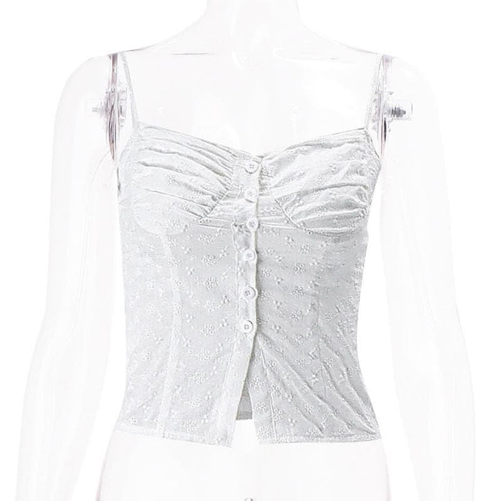 Textured pleated button slit solid backless cami top