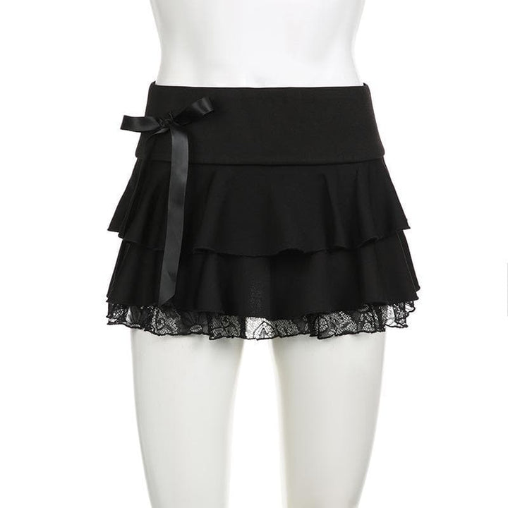 Bowknot solid ruffle lace hem low rise mini skirt  | Festival Outfits Women