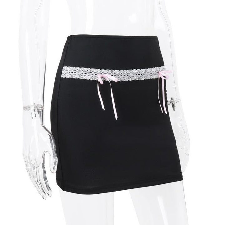 Bowknot lace hem ribbon A line contrast mini skirt  | Festival Outfits Women