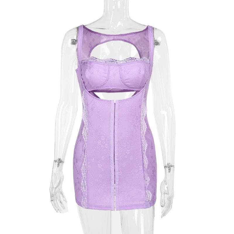 Square neck lace backless hollow out button solid cami cut out mini dress  | Festival Outfits Women