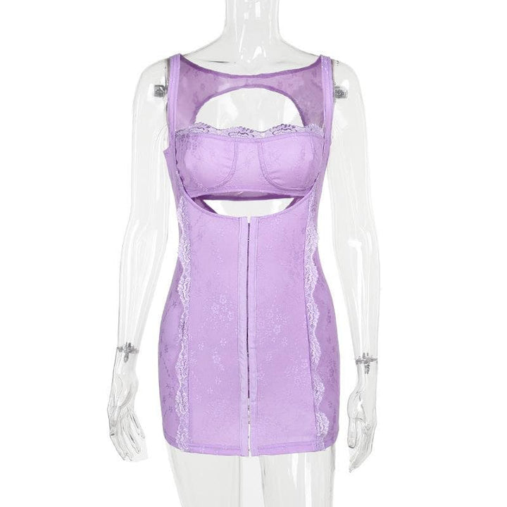 Square neck lace backless hollow out button solid cami cut out mini dress  | Festival Outfits Women