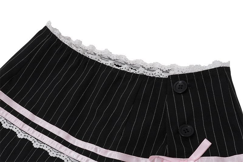 Pleated striped button lace hem bowknot stitch mini skirt  | Festival Outfits Women