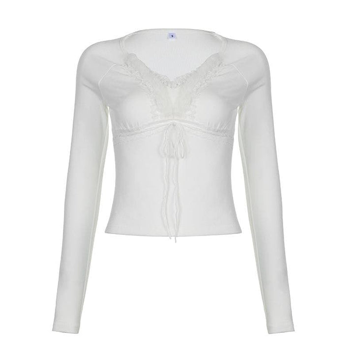 Fluffy patchwork solid long sleeve self tie top