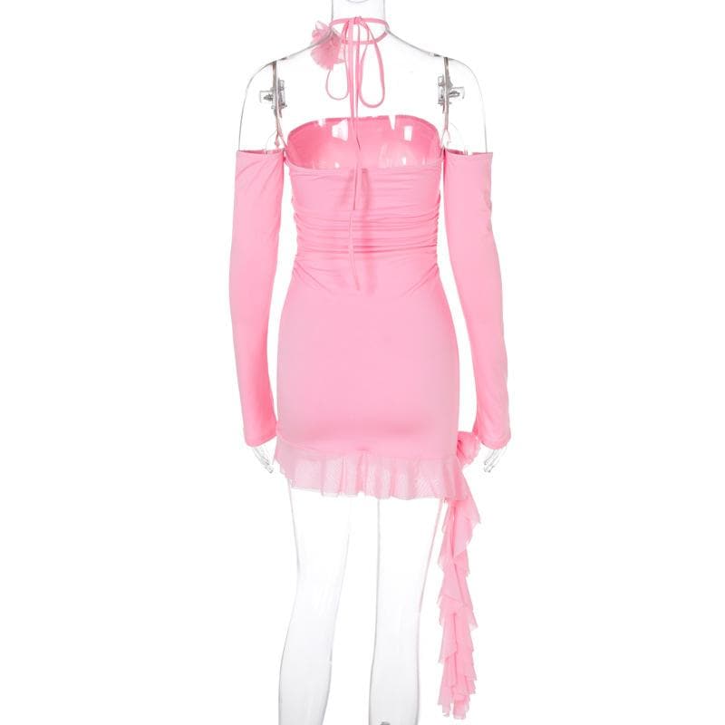Long sleeve off shoulder flower applique ruffle ruched mini dress  | Festival Outfits Women