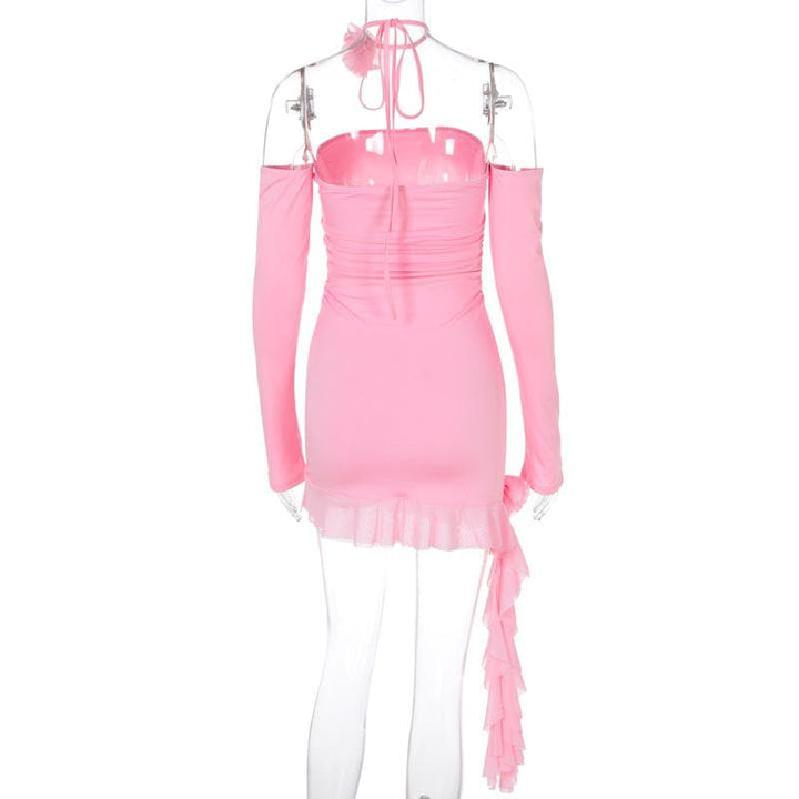 Long sleeve off shoulder flower applique ruffle ruched mini dress  | Festival Outfits Women