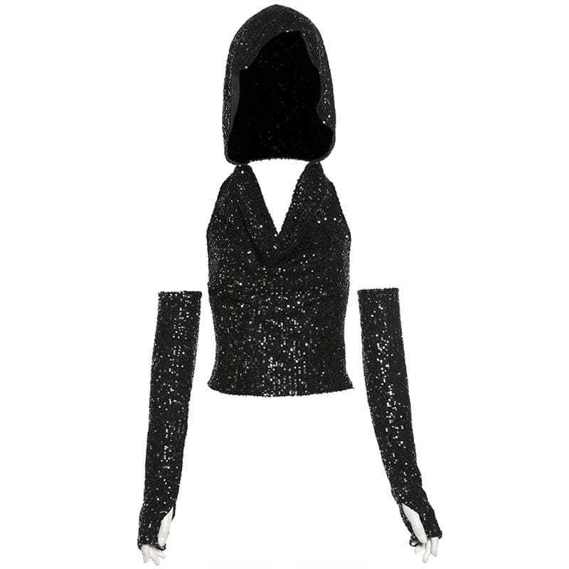Glitter cowl neck hoodie gloves backless halter crop top  | Festival Outfits Women